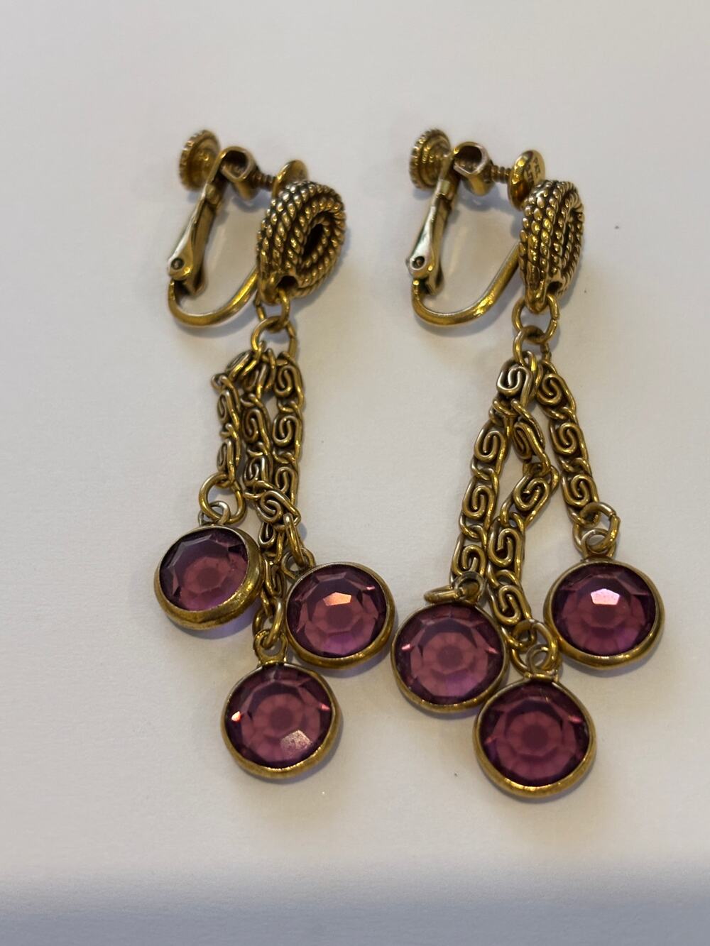 Vintage Goldette Dangle Earrings Purple Amethyst Glass Gold Tone